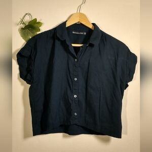 90's Abercrombie & Fitch Y2K Crop Top Blouse Cap Sleeve Navy Size XS Preppy